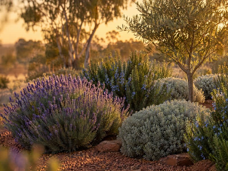 Lavender, grey westringia and a small olive tree in a sunny gravel bed