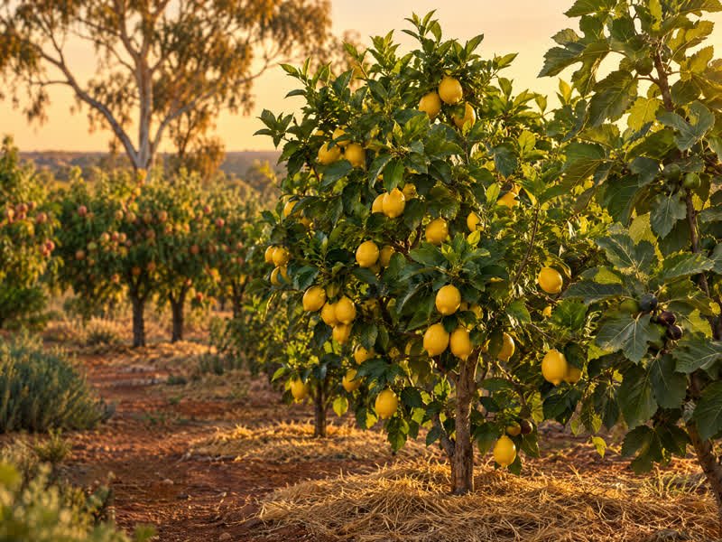 A young lemon tree heavy with fruit beside a fig in a mulched backyard orchard