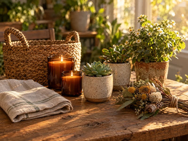Candles, small potted succulents, linen and dried flowers on a timber table