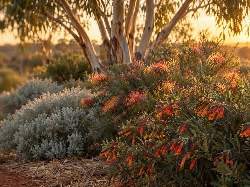 Red emu bush flowers, silver saltbush and a mallee gum in evening light