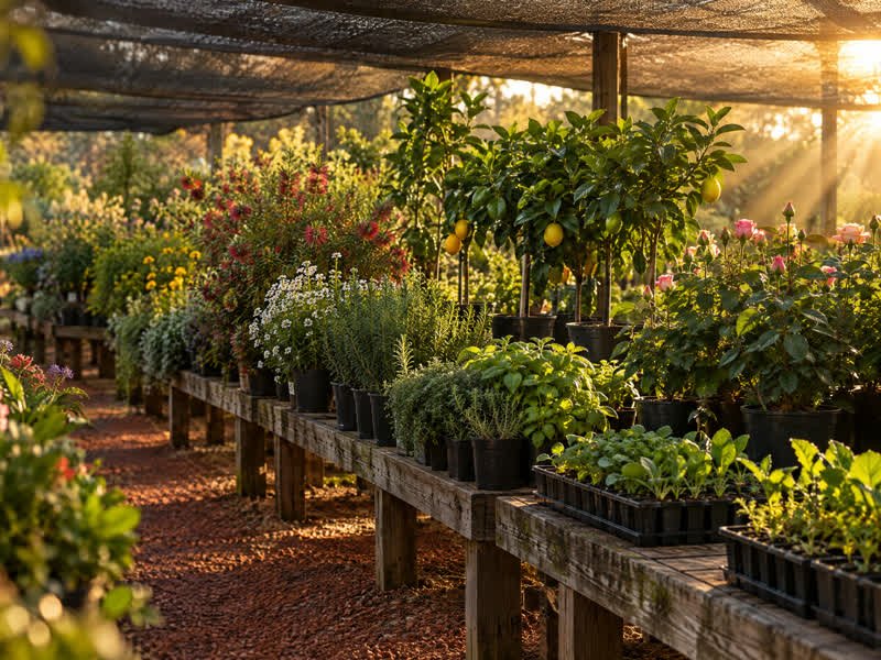 Rows of potted fruit trees, roses, flowering shrubs and seedling trays on timber benches under shade cloth