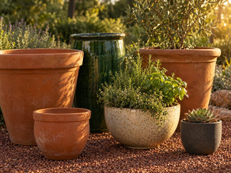 Terracotta, green glazed and speckled pots planted with herbs and a succulent, set out on red gravel