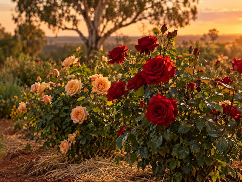 Deep red and apricot hybrid tea roses in full bloom at sunset