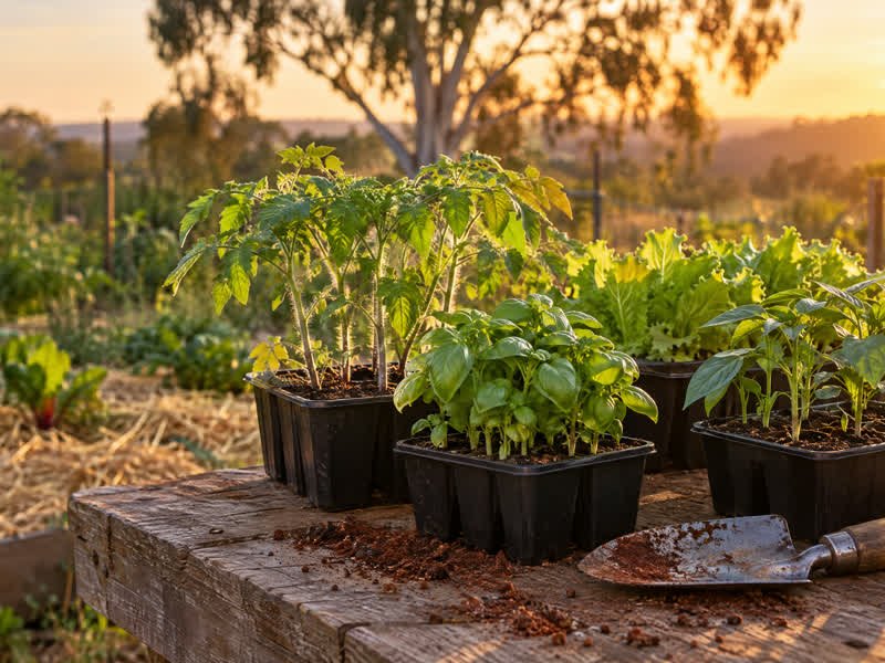 Tomato, basil and lettuce seedlings in punnets on a timber bench