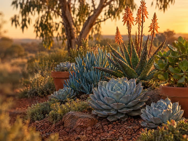 Echeveria rosettes, a flowering aloe and jade plants in terracotta pots