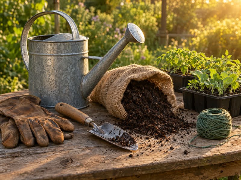 Watering can, trowel, gloves and compost on a potting bench